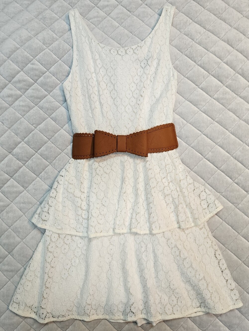 Off-White Floral Lace Tiered Dress  with Wide Faux Leather Brown Bow Belt